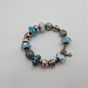 Pandora Bracelet 925 With 15 Pandora Blue and Silver Charms and Glass Beads
